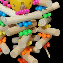 Load image into Gallery viewer, A fun bird toy designed for small parrots to chew and bop around! Natural 2-1/2" wood dowels and mini atom beads strung on jute cord from a plastic golf ball center. Topped off with a spinning mini nut and bolt.
