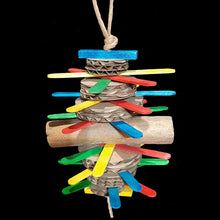 Load image into Gallery viewer, Colorful bird toy made with popsicle sticks, cardboard rounds and a natural sola stick with bark stacked together on paper rope. Designed for small birds or intermediate sized birds that need to be encouraged to chew and play.
