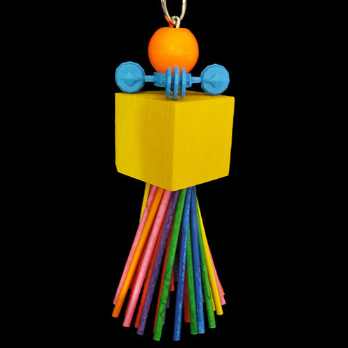 A brightly colored pine cube filled with colored lollipop sticks. Hangs on nickel plated chain with a big bead & interstar ring.