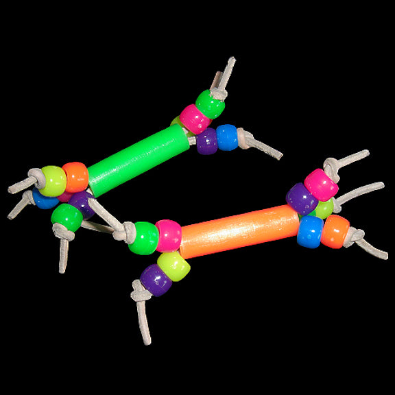 Pony beads on paper twist cord bursting from a thick plastic straw bead. A lightweight handheld toy designed for small birds. Approx 2-1/2