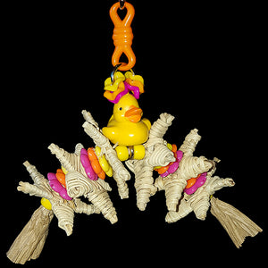 A beak tempting array of small crunchy vine stars with bright beads & daisy rings on paper rope dangling under a little duck.