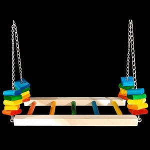 A great swinging perch for multiple birds! A five rung hardwood ladder suspended on nickel plated chain with brightly colored pine wood wafers to chew. Designed for small to intermediate sized birds (budgies, lovebirds, cockatiels, quakers, caiques, etc.)   Hangs approx 12" including links (base measures approx 4-3/4" wide by 12" long).