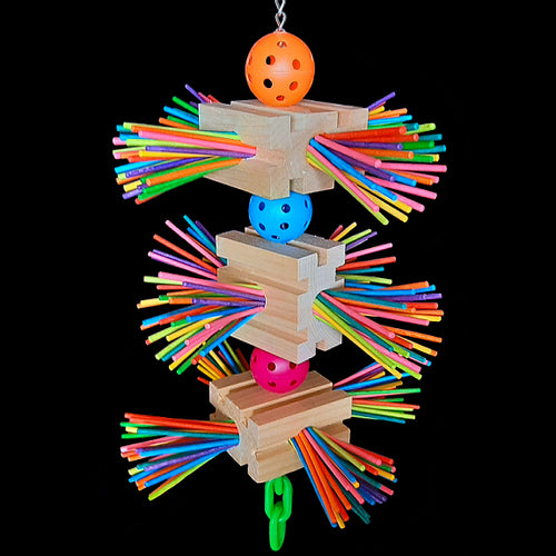 Three large grooved pine blocks with 300 colored paper sticks inserted in the sides of the blocks. Assembled on nickel plated chain with perforated balls and heavy plastic chain at the bottom, this toy is full of chewing adventure!  Measures approx 9