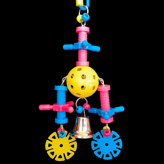 Brightly colored spinning nut & bolt sets with plastic wheels and a nickel plated bell threaded through a perforated golf ball with nickel plated chain. This toy has lots of wiggle and makes a nice sound when rattled. Great for multiple birds!
