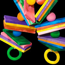 Load image into Gallery viewer, Large bird toy with paper sticks, wood blocks, hardwood balls and wood rings on chain. Handmade in Canada. 
