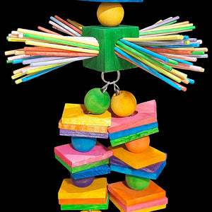 Lots of brightly colored paper lollipop sticks in a spinning pine block with softwood slats, hardwood balls and wood rings on nickel plated chain. Measures approx 8" by 15" including link.