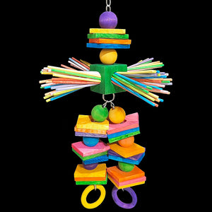 Lots of brightly colored paper lollipop sticks in a spinning pine block with softwood slats, hardwood balls and wood rings on nickel plated chain. Measures approx 8" by 15" including link.