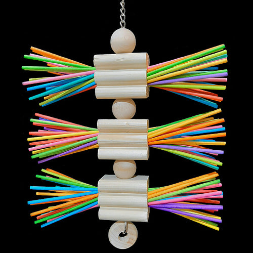 Three groovy pine wood blocks with 150 colored rolled paper lollipop sticks poking out of the sides. Hangs on nickel plated chain with hardwood balls and a disk ring at the bottom.

Measures approx 7-1/2
