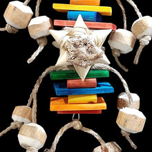 Load image into Gallery viewer, Interactive bird chew toy for parrots made with stainless steel wire, pine wood, palm leaf cube, palm leaf stars, mahogany chunks, sola and more.

