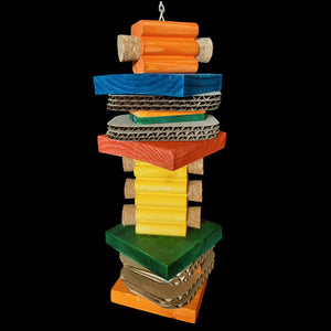 Brightly colored pine wood blocks of different shapes and sizes (some with corks inserted) and cardboard cutouts strung on nickel plated chain.  Measures approx 3-1/2" by 13" including link.