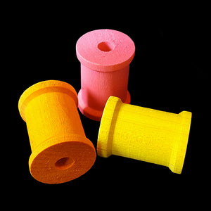 Brightly colored wood spools measuring 7/8" by 1-1/8" with a 1/4" hole. 