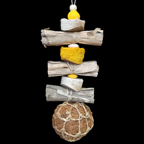Bundles of banana leaf rolls, soft yucca pieces, wood beads and a coconut fiber ball strung on stainless steel wire. The coco ball is made from coconut fiber that has been bundled and rolled into a tight ball with seagrass cord twisted around the outside. Designed for small to intermediate sized birds.  Measures approx 3