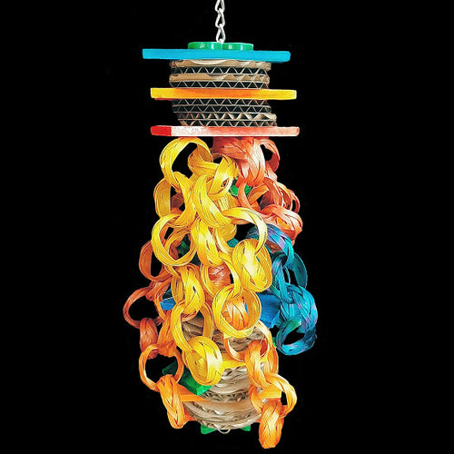 A great multi-textured toy with some wiggle and jiggle to it! Brightly colored pine slats, lots of cardboard rounds and bamboo chain strung on nickel plated chain. Can also be hung from end to end to form a bridge toy.