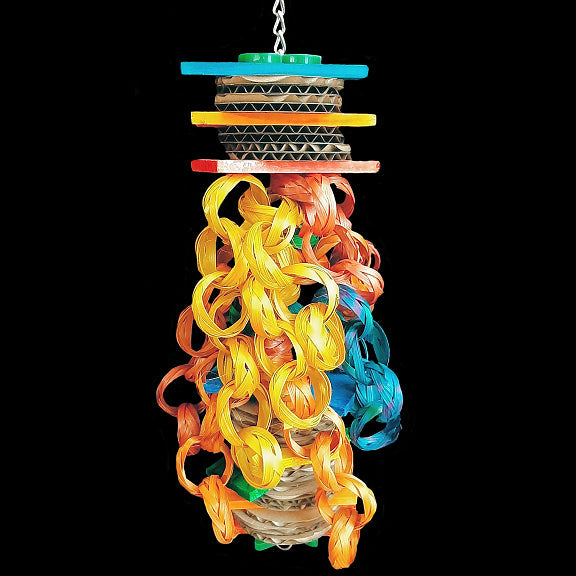 A great multi-textured toy with some wiggle and jiggle to it! Brightly colored pine slats, lots of cardboard rounds and bamboo chain strung on nickel plated chain. Can also be hung from end to end to form a bridge toy.