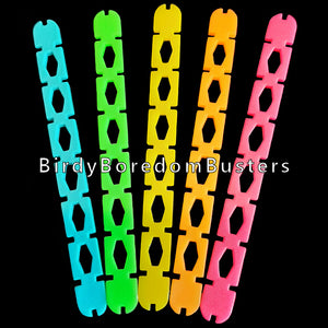 Brightly colored plastic craft sticks measuring approx 3/8" by 4-1/2". Use as a base for small toys or foot toys for bigger birds.